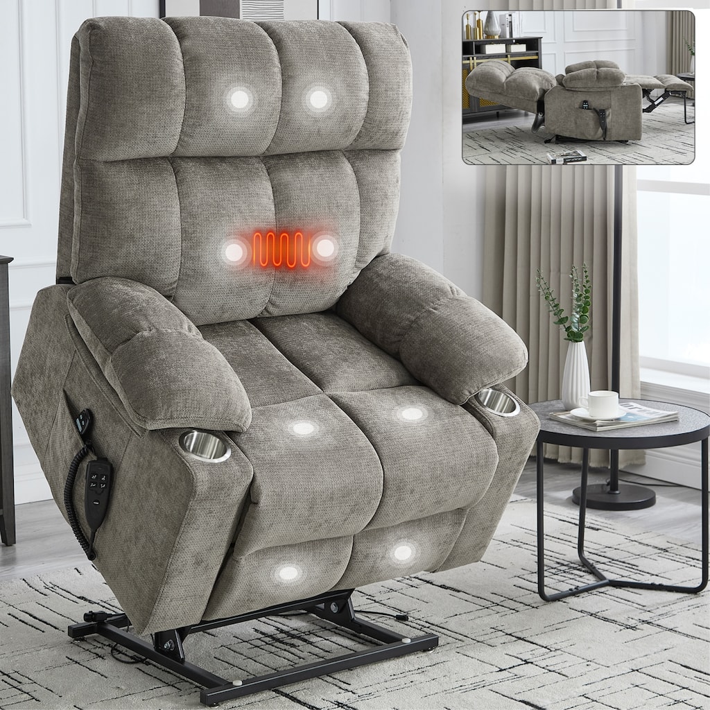 Roomfitters Dual Motor Power Lift Recliner Chair with Heat Massage Oversized Infinite Position Sofa with Cup Holders