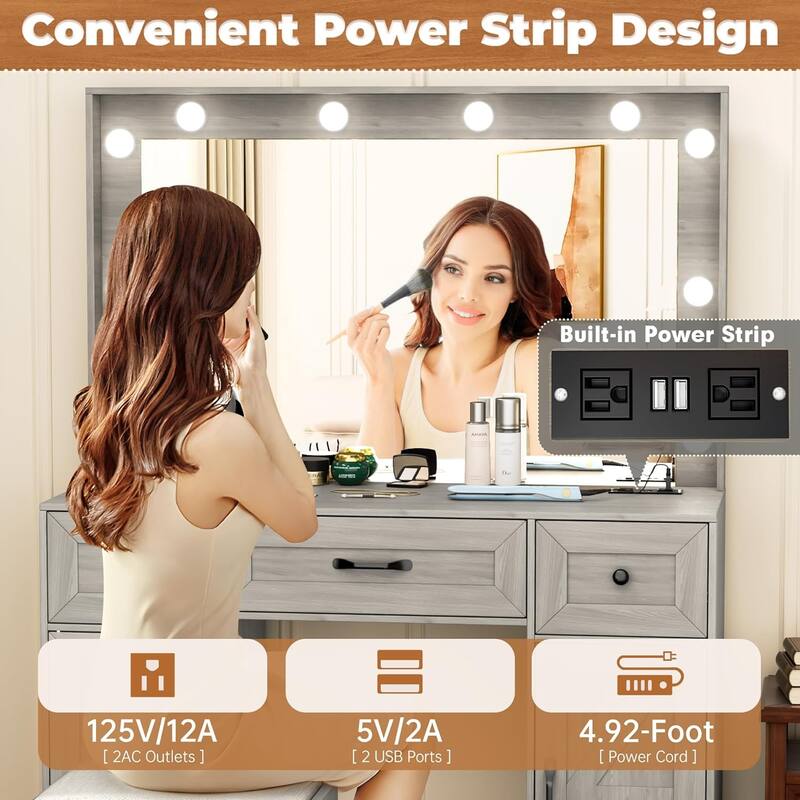43.3'' Wide Makeup Vanity Dressing Table with Adjustable Lighted Mirror and Stool, Power Outlet