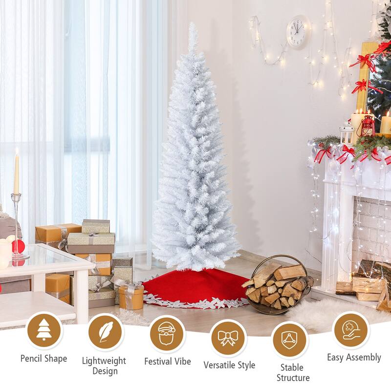 Gymax 5/6/7 FT Artificial Pencil White Christmas Tree Leafy Unlit Slim