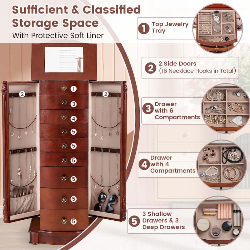 Costway Wood Jewelry Cabinet Storage Chest Stand Organizer Necklace