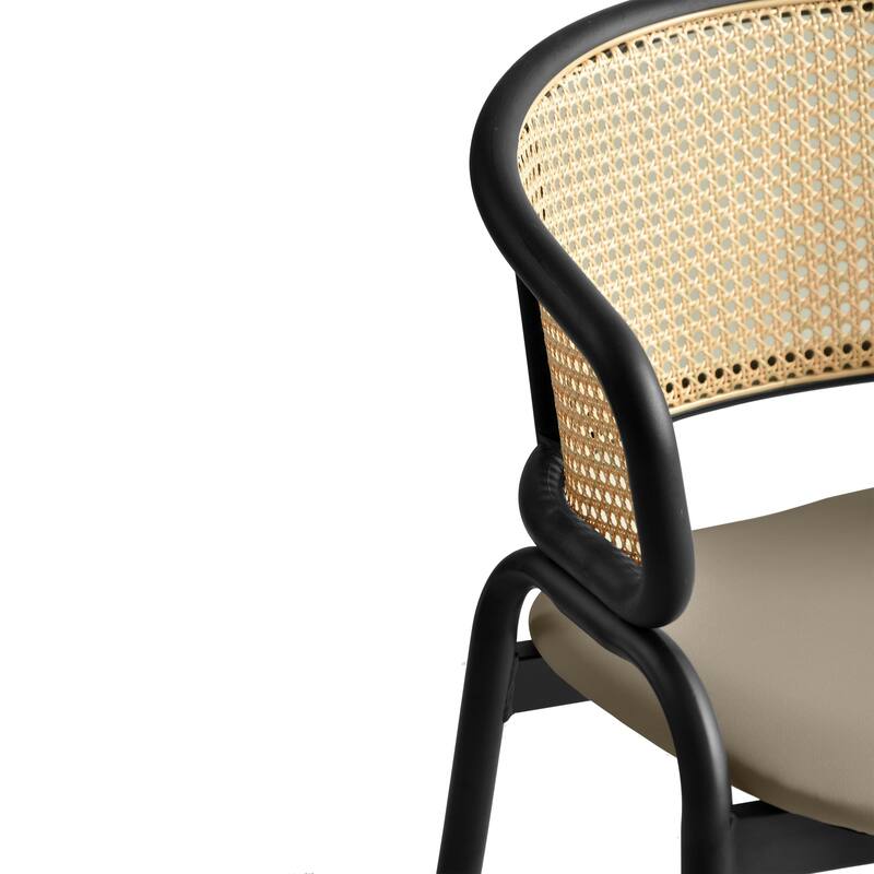 LeisureMod Set of 4 Modern Wicker Back Leather Dining Chairs with Black Steel Frame - Accent Side Armchair for Home Upgrade