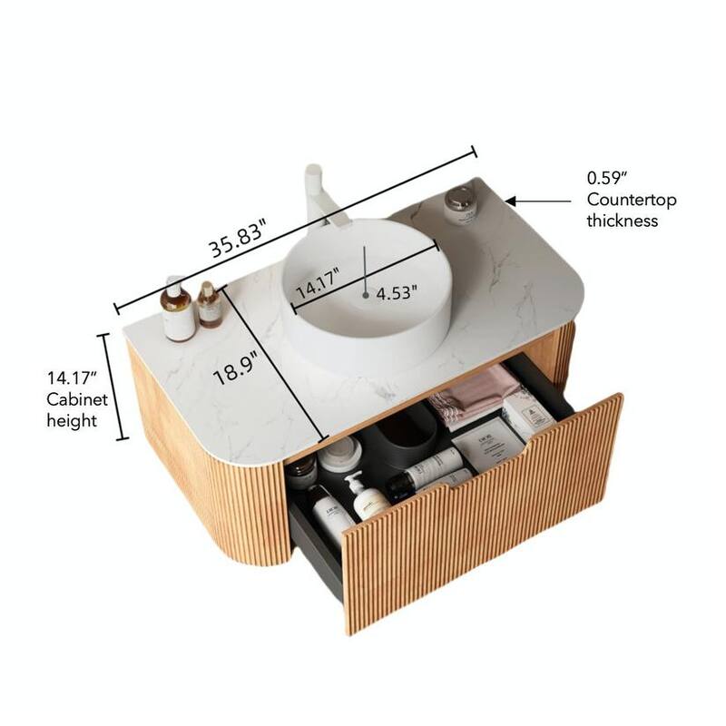 GDFStudio - Dina Modern 36" Floating Bathroom Vanity with Striped Curved Drawer & White Round Ceramic Basin, WITHOUT Faucet