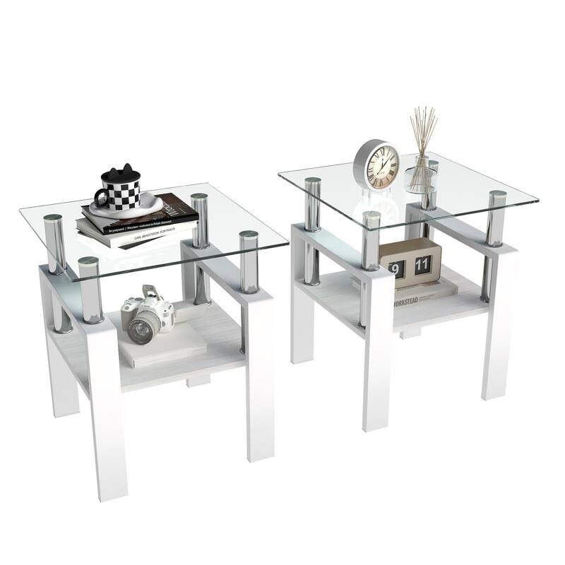 Set of 2 Modern Transparent Tempered Glass Tea Table - White