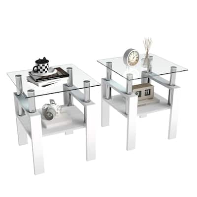 Set of 2 Modern Transparent Tempered Glass Tea Table