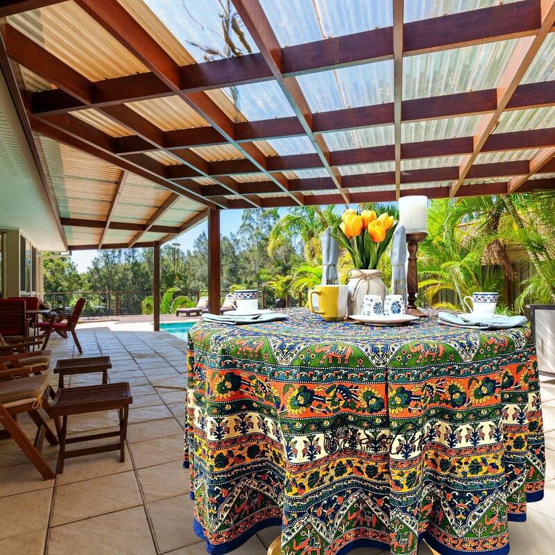 Cotton Mandala Floral Elephant Printed Tablecloth Collection - 90 inches round - Red