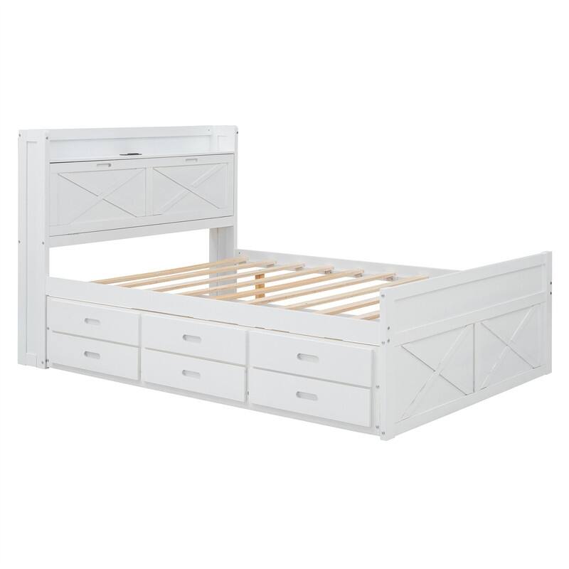 Wooden Platform Bed with Twin Size Trundle and 2 Drawers Underneath, Twin/Full Size Bed Frame with Storage Headboard and Outlets