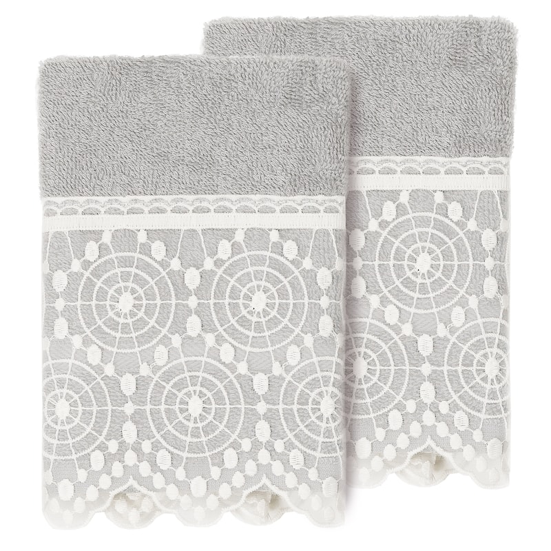 Authentic Hotel and Spa 100% Turkish Cotton Arian 2PC Cream Lace Embellished Washcloth Set - Light Gray