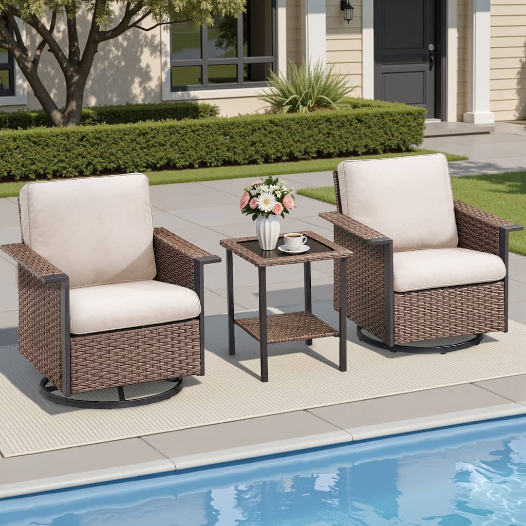 Pocassy Outdoor Wicker 3-Piece Swivel Chair with Side Table