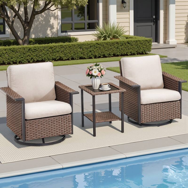 Pocassy Outdoor Wicker 3-Piece Swivel Chair with Side Table - Brown Wicker Beige Cushion - 3-Piece Swivel Chair with Side Table