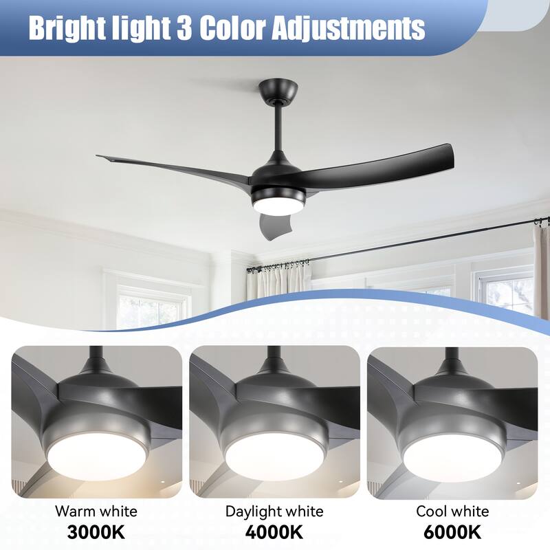 52 Inch Modern Black Ceiling Fan with 18W LED Light and Remote Control 3 ABS Blades DC Motor for Bedroom Living Room