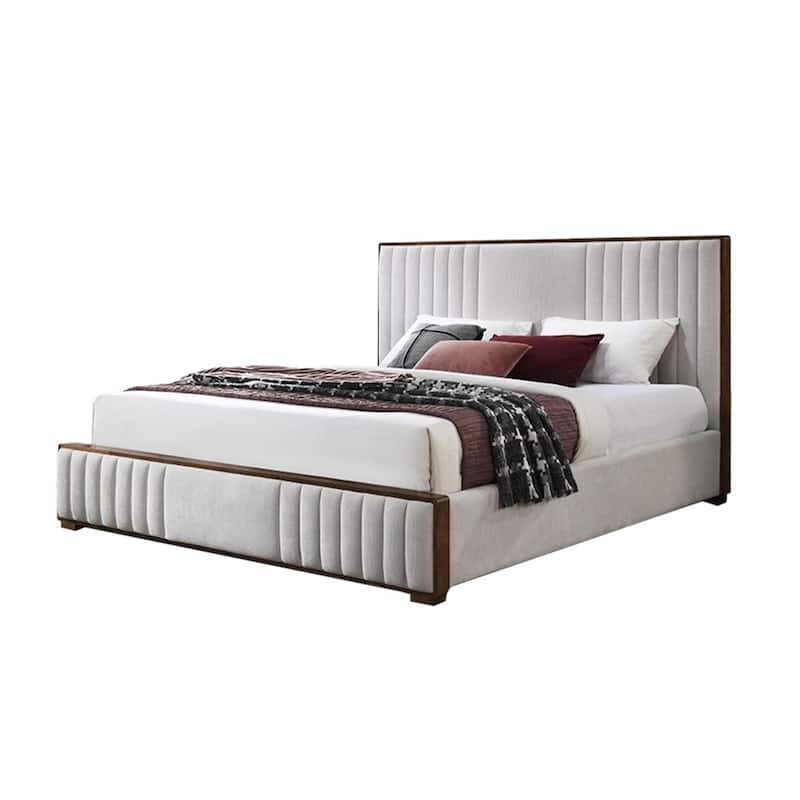 Chenille Upholstered Eastern King Bed in Beige and Walnut - Queen