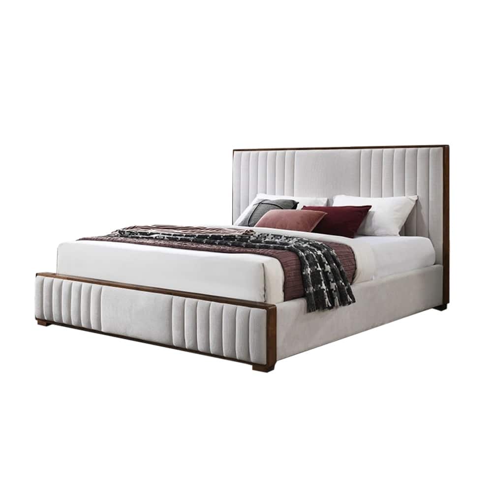 Chenille Upholstered Eastern King Bed in Beige and Walnut