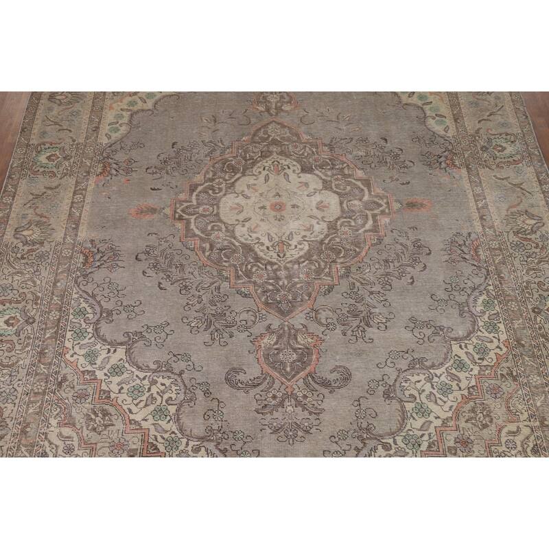 Gray Geometric Tabriz Persian Area Rug Hand-Knotted Wool Carpet - 9'1"x 12'9"