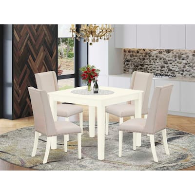 HomeStock 5-Pc Linen White Finish Solid Wood Top - Dining Room Set with High Back - Seats 4