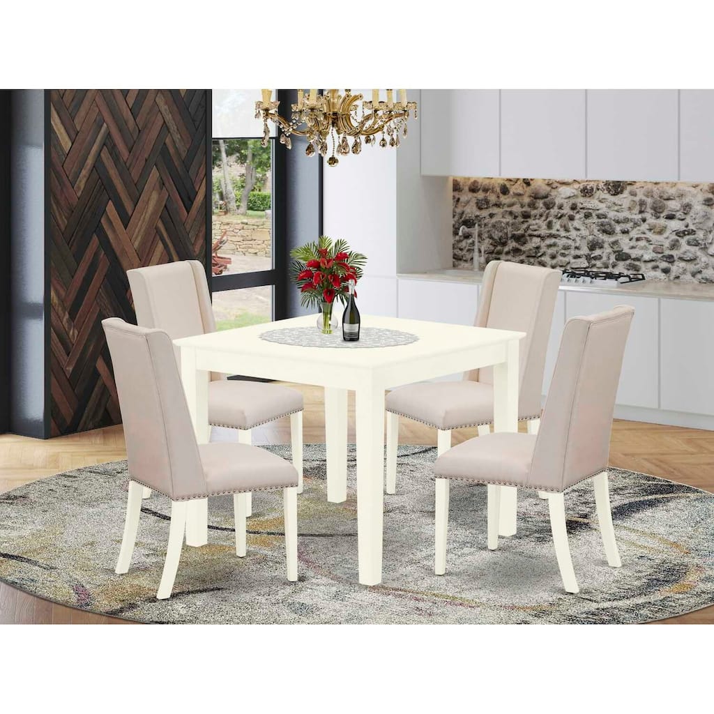 HomeStock 5-Pc Linen White Finish Solid Wood Top - Dining Room Set with High Back - Seats 4