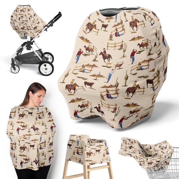 slide 2 of 3, Western Cowboy Boy 5 in 1 Baby Car Seat and Nursing Cover Tan Brown Red Southern Country Chocolate Blue White Wild West Horse
