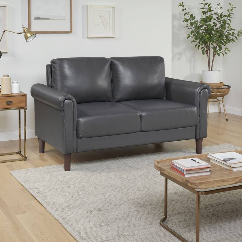 Lo Loveseat w Rolled Arms, Midcentury Dark Gray Faux Leather 57 Inch