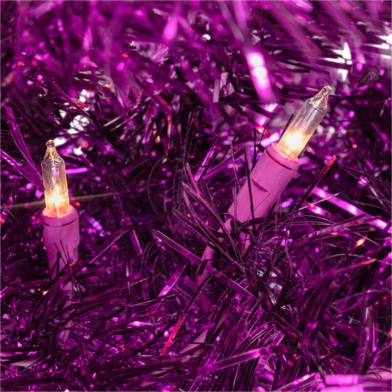 Pre-Lit Artificial Tinsel Christmas Tree - 3' - Purple - Clear Lights - 3 Foot