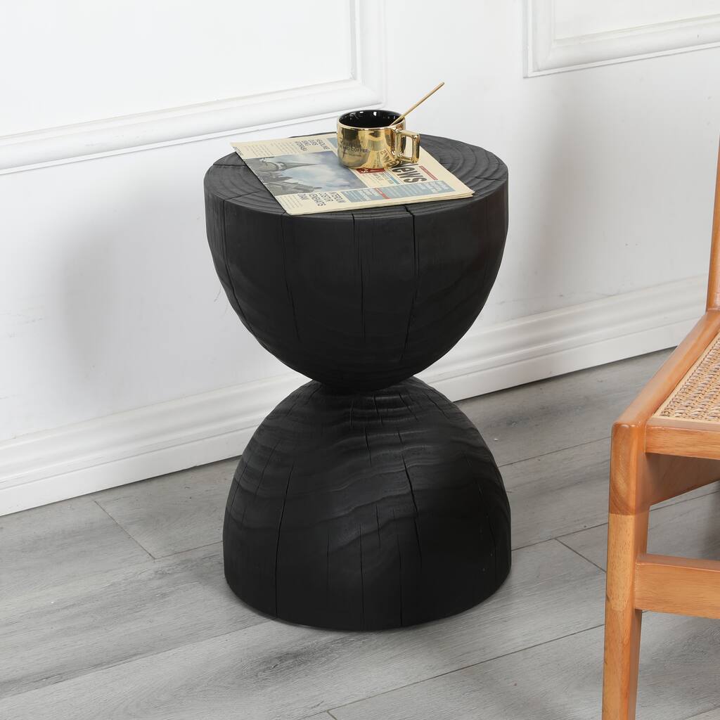Solid Mango Wood Side End Table in Black, 17.7 inch Round Contemporary Wooden Accent Table, Small Round Plant Stand