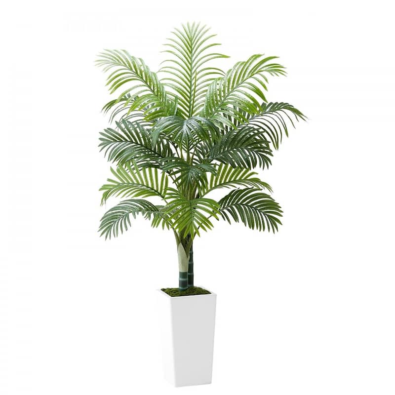 Thick-Trunk Areca Palm Artificial Tree with Green Leaves in White Planter for Home or Office Decor