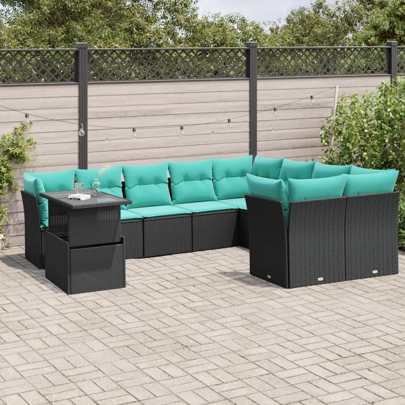 vidaXL Patio Sofa Set with Cushions and Table Outdoor 10 Piece Poly Rattan - 24.4 x 24.4 x 27.2 - Black
