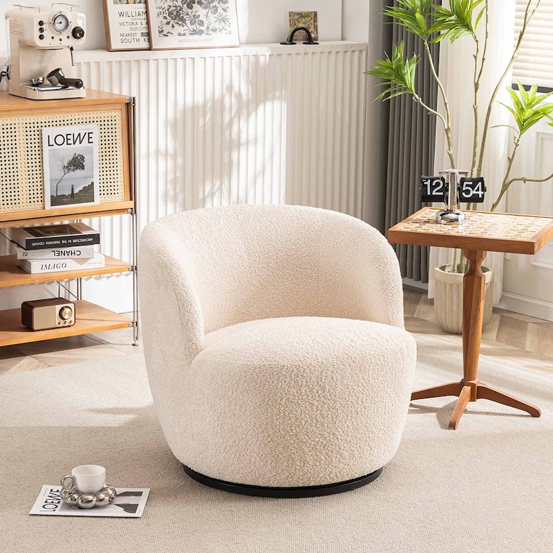 Single Fabric Modern Accent Chair 360 Degree Rotation Swivel Barrel Chairs - Beige