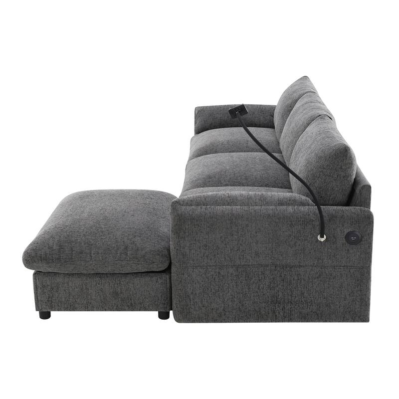 96.5" Chenille L-Shaped 4-Seat Sectional Sofa with Storage Ottoman, Phone Holder, USB Charger, Gray