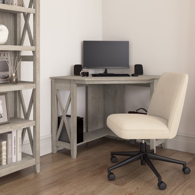 Bush Furniture Key West 34W x 34D Small Corner Desk and Chair Set - Washed Gray