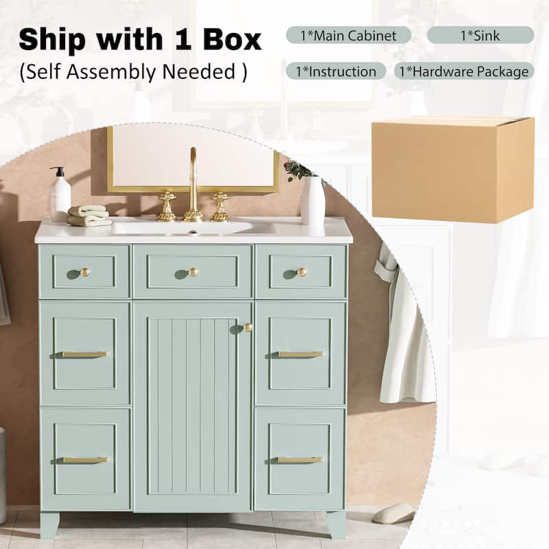 Modern 36" Bathroom Vanity with Ceramic Sink, Soft-Close Doors, 4 Drawers & Adjustable Storage Shelf in Green