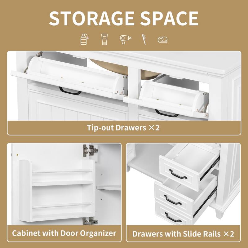 36 Inch Bathroom Vanity with Ceramic Sink Top, Solid Wood Frame, MDF & Poplar Cabinet, Flip Drawers, Adjustable Shelf