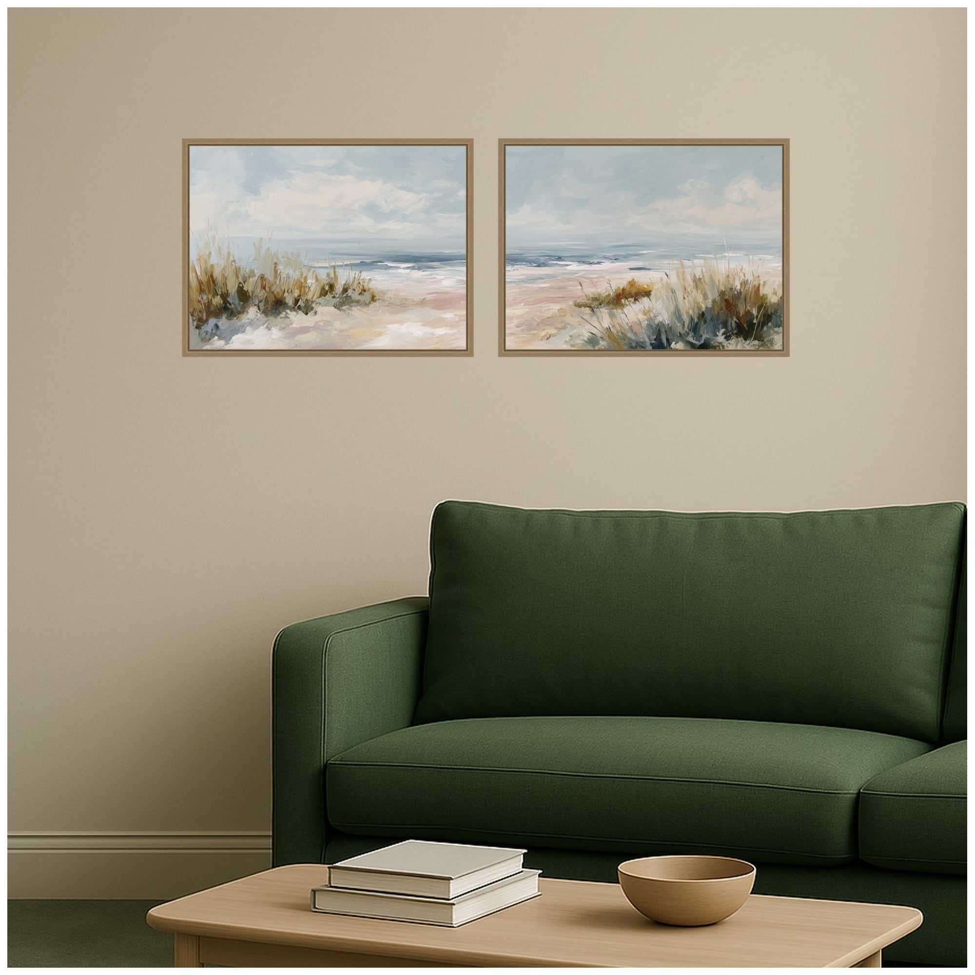 Kate and Laurel Beach Grass Warm Sand Waves 2 Piece Framed Canvas Wall Art Set by The Creative Bunch Studio