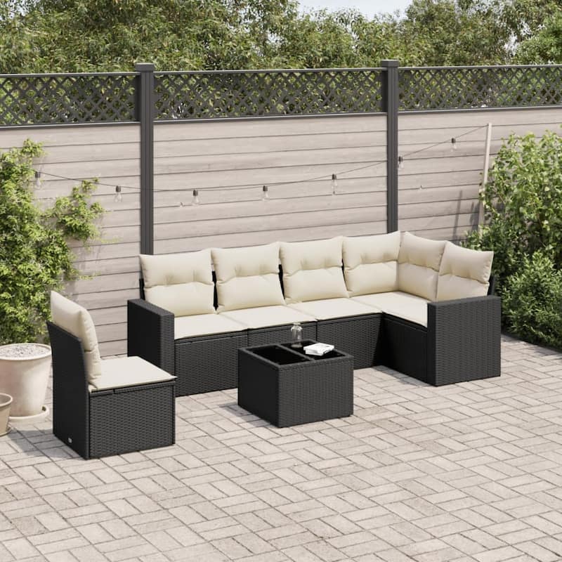 vidaXL Garden Sofa Set with Cushions Outdoor Sofa Set Poly Rattan - 24.4 x 25.8 x 27.2 in (W x L x H) - Black and Cream With table