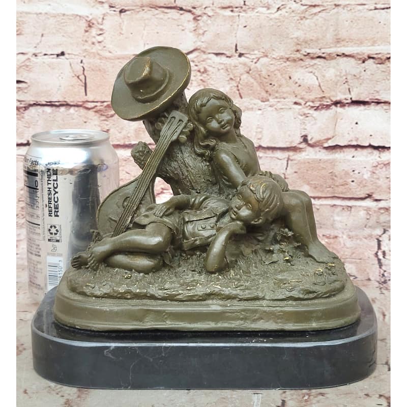 Bronze Children Resting Sculpture – Boy And Girl Figurine With Guitar And Hat