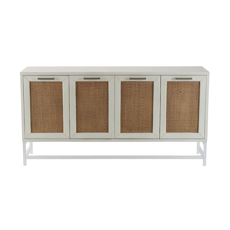 Wooden 4 Door Sideboard with Brown Woven Rattan Doors and Metal Base - White - Roche River Decor - 16"W x 60"L x 31"H