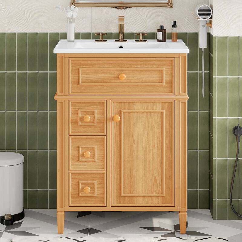 Roomfitters 24" Bathroom Vanity with Sink, Solid Wood Frame, Flip-Out Drawer, 2 Soft-Close Drawers & Door, Wood