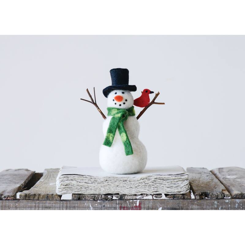Felt Snowman and Cardinal Figurine - White