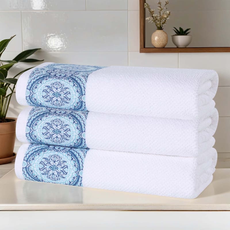 Superior Medallion Cotton Jacquard Textured Soft Bath Towel Set of 3 - White-Aqua
