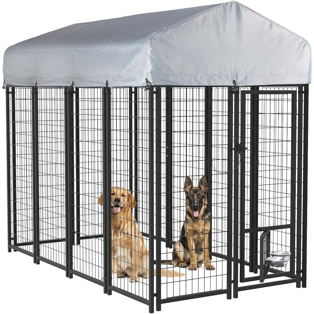 BOSSIN Large Outdoor Dog Kennel Galvanized Steel Fence with UV-Resistant Oxford Cloth Roof & Secure Lock