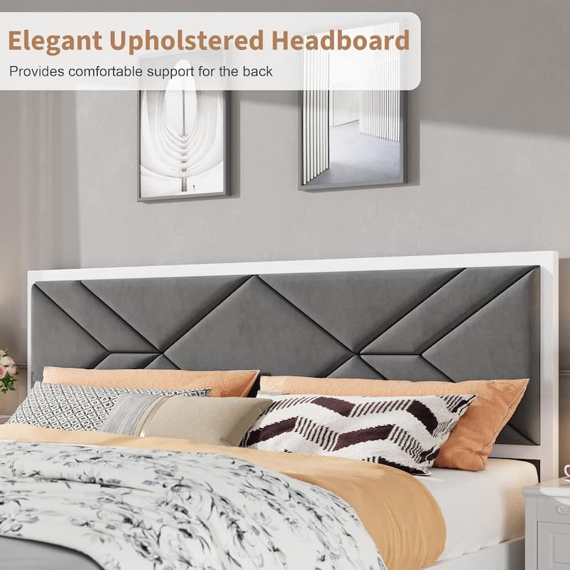 Wooden Bed Frame with Fabric Upholstered Headboard