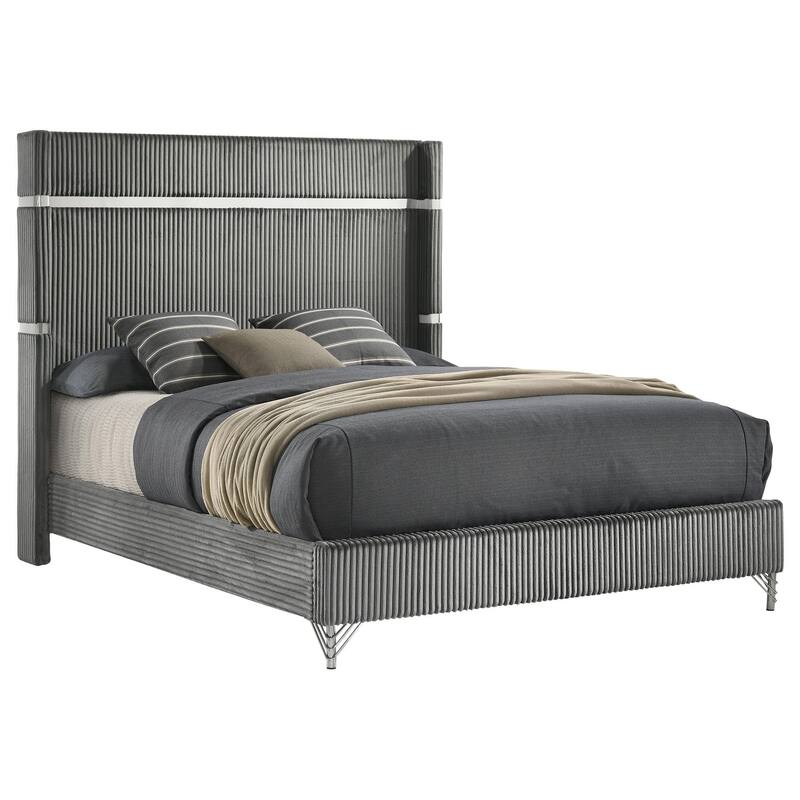 Jenny King Size Bed, Wingback Fluted Upholstered Headboard, Gray