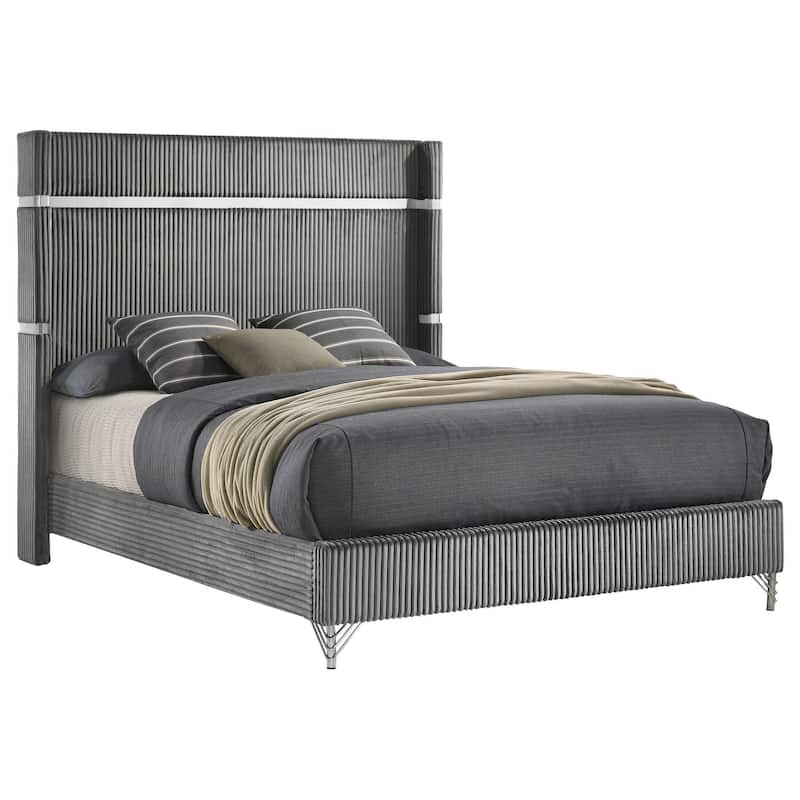 Jenny Queen Size Bed, Wingback Fluted Upholstered Headboard, Gray