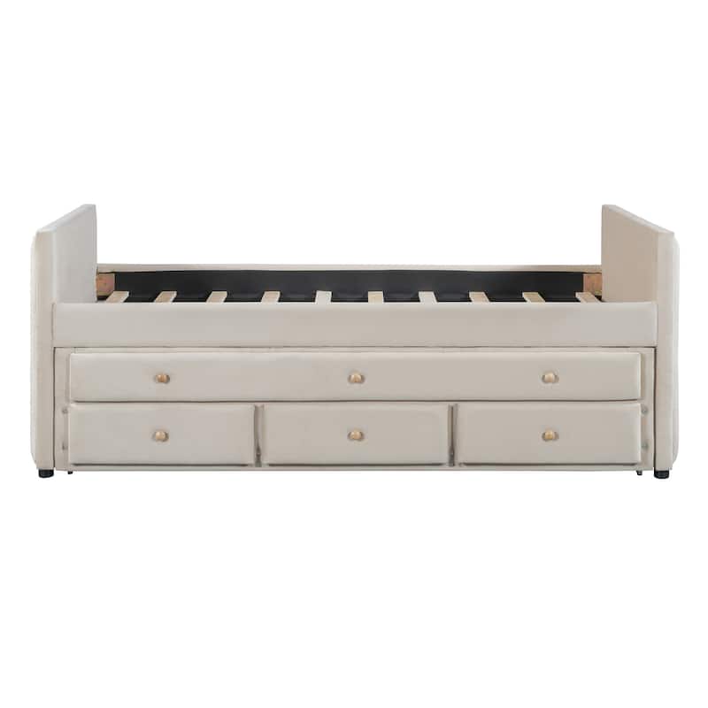 HomeRoots Beige Tufted Velvet Upholstered Twin Day Bed With Trundle And Drawers