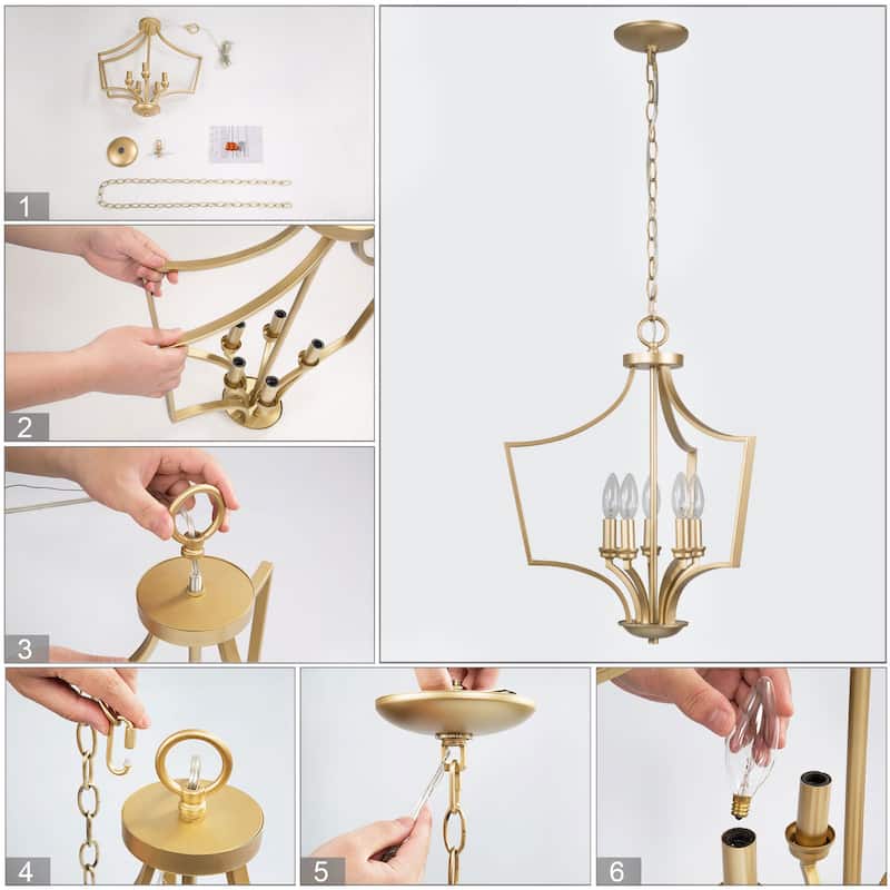 Mid-Century Modern 5-Light Gold Lantern Candle Chandelier for Dining Room - L19"xW19"xH24"
