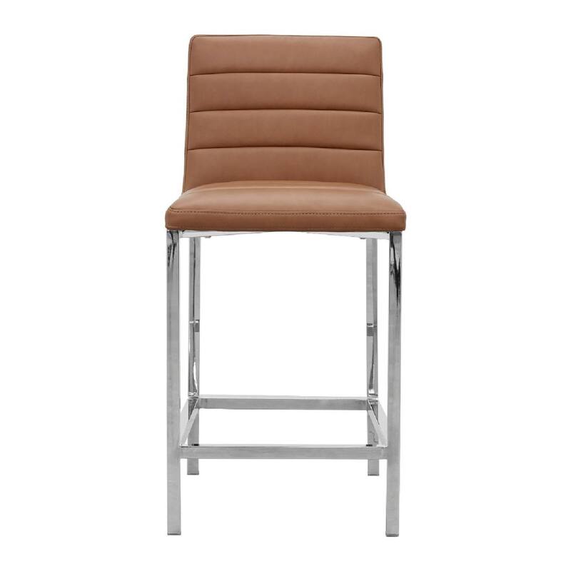 Eun 26 Inch Vegan Faux Leather Counter Stool, Chrome Legs, Set of 2, Brown