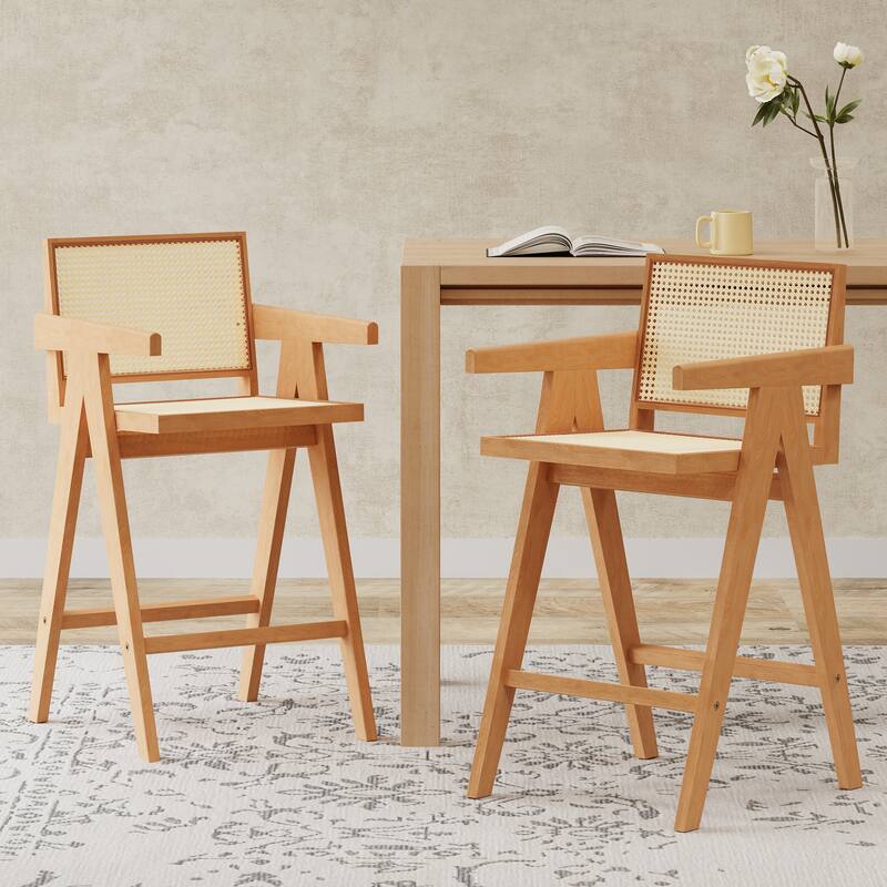 27",Set of 2 Modern Minimalist Bar Stool with Cane Seat, Solid Wood Frame - Natural