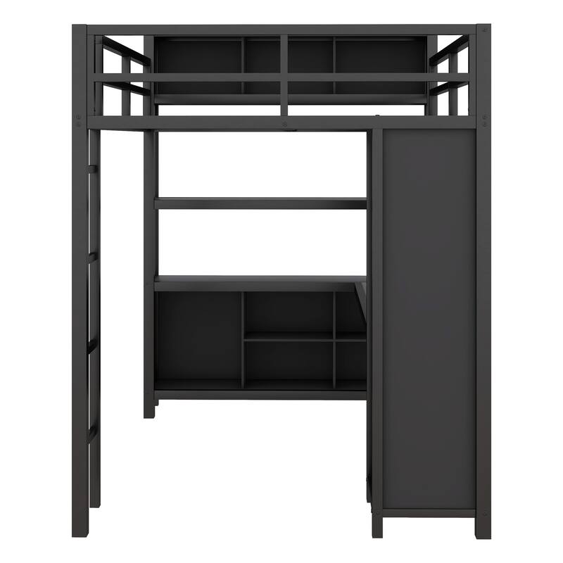 Full Size Metal Loft Bed with Wardrobe And L-shaped Desk, Storage Cubes and Shelves for Kids, Teens, Adults
