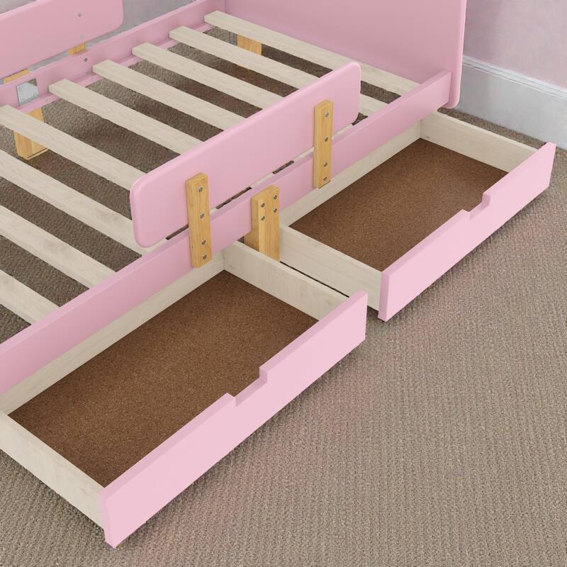 Twin/Full Wood Platform Bed with Storage Drawers, Guardrail, Shelf & Hooks, Solid Wood Frame, No Box Spring Needed
