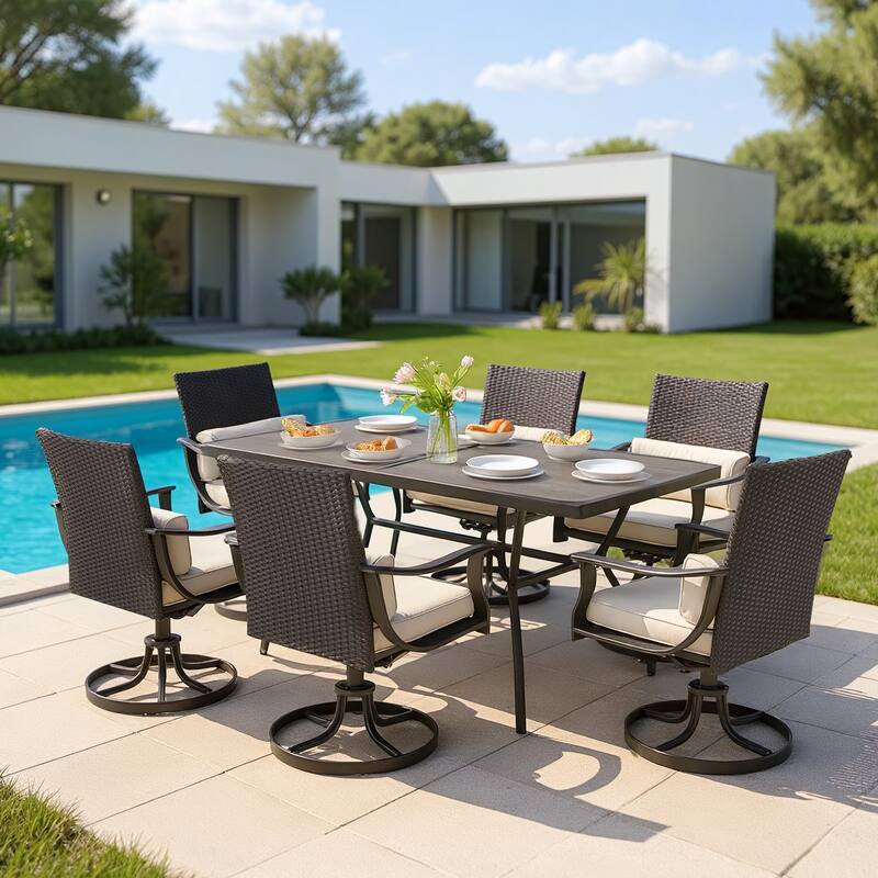 EROMMY Outdoor Dining Set, Swivel Rocking Chairs, Rectangular Table w Umbrella Hole, Patio Furniture Set for Backyard - 7-Piece