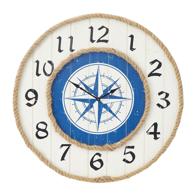 Wooden Compass Wall Clock with Rope Accents - Blue - Roche River Decor - Blue