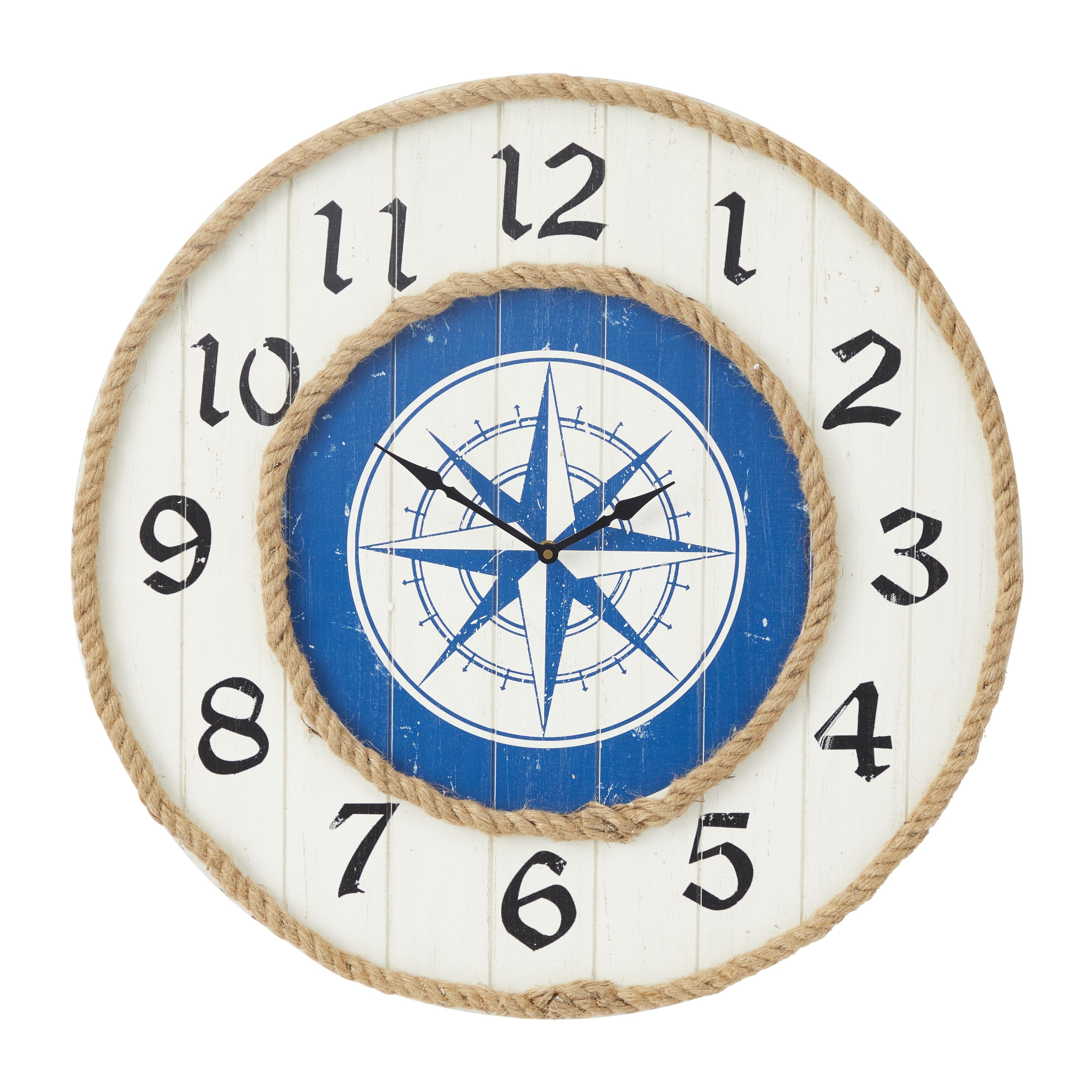 Wooden Compass Wall Clock with Rope Accents - Blue - Roche River Decor